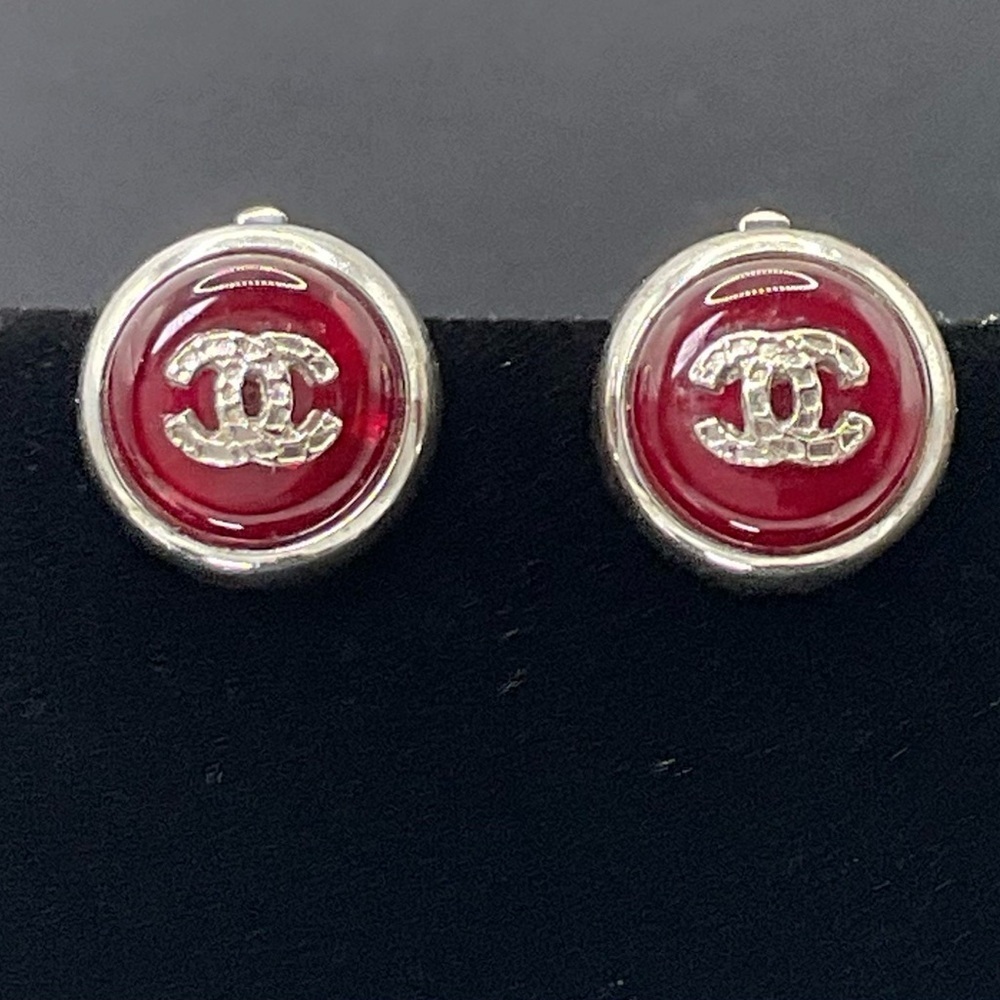 Chanel Silver and Red Gripoix Clip Earrings